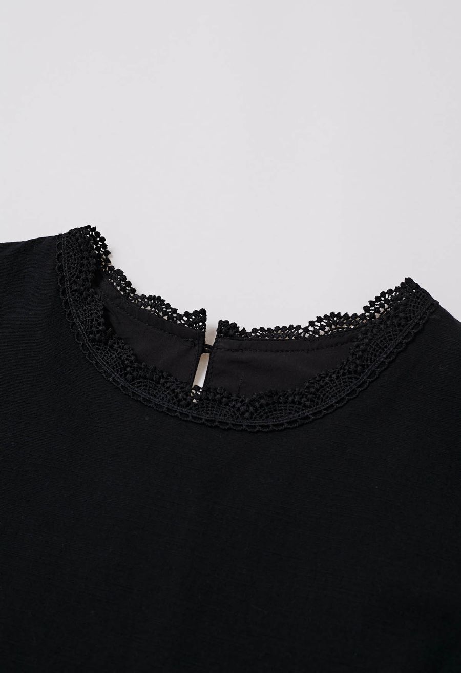 Whisper Lace-Edge Puff Sleeve Top in Black