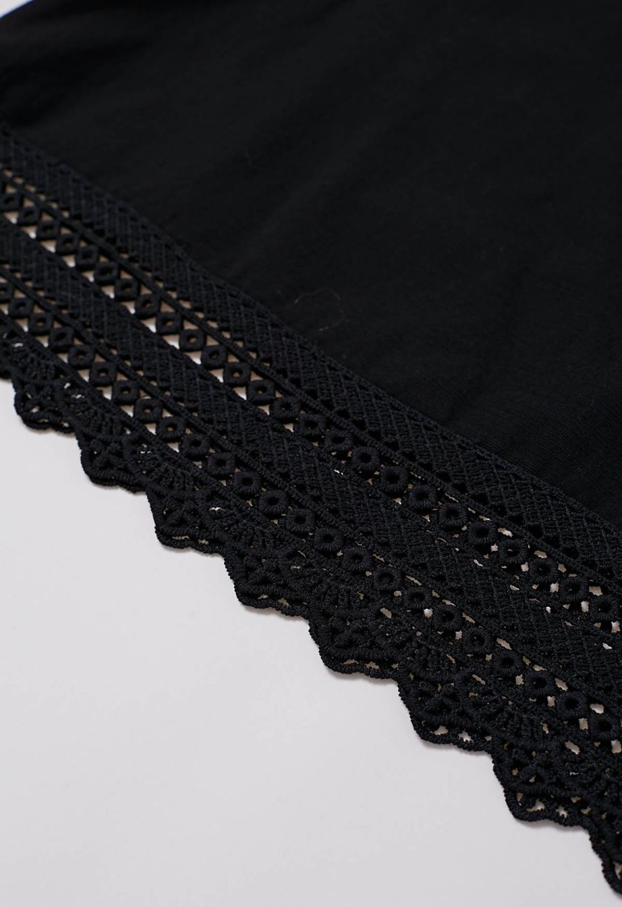 Whisper Lace-Edge Puff Sleeve Top in Black