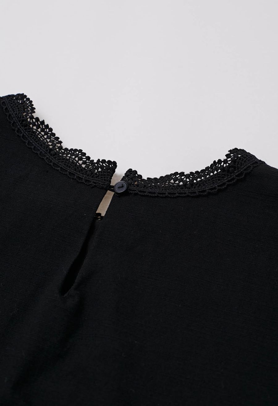 Whisper Lace-Edge Puff Sleeve Top in Black