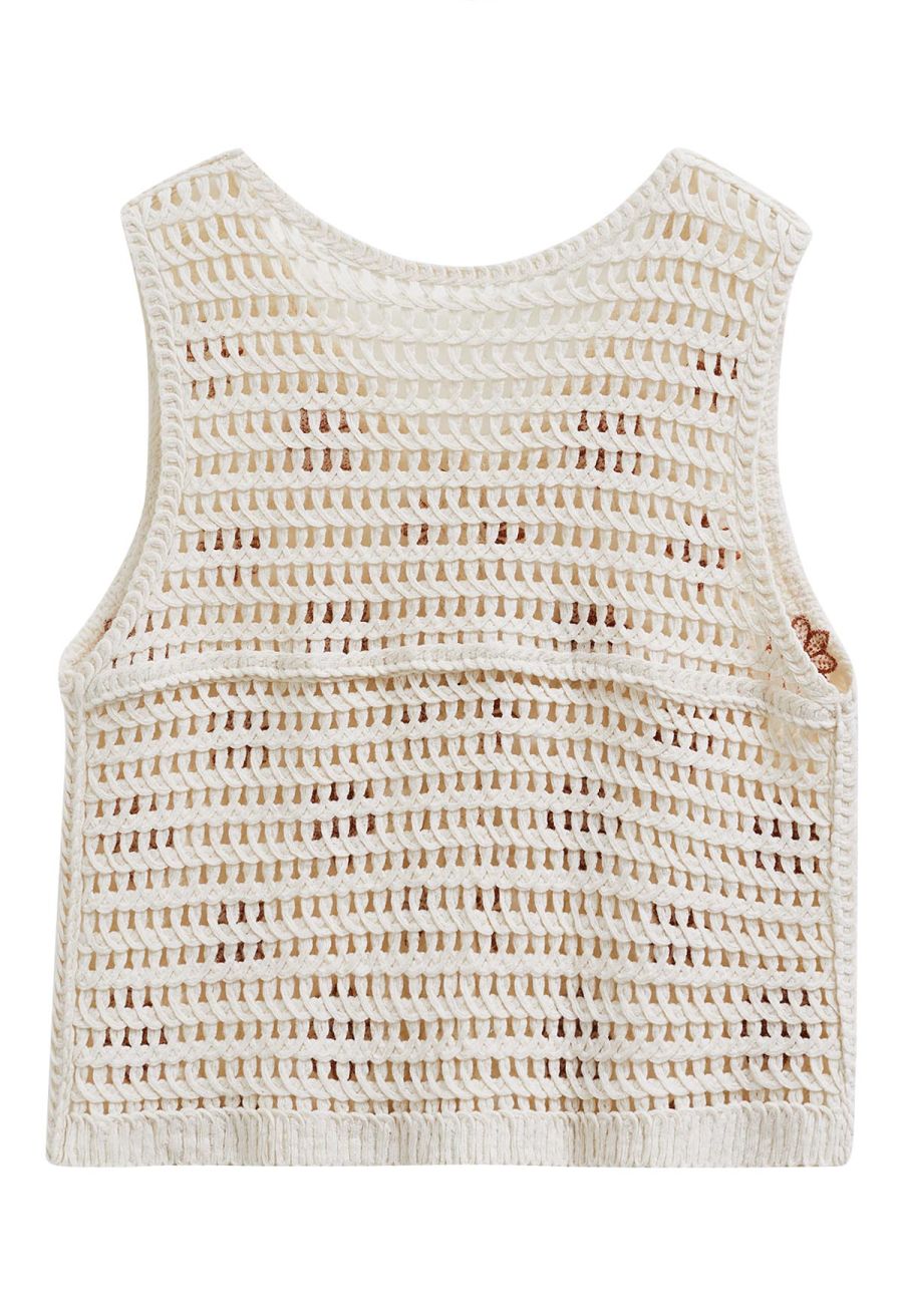 Floral Embroidered Button-Front Crochet Vest in Caramel