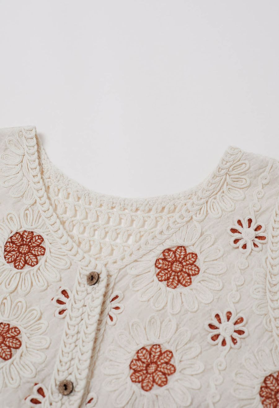 Floral Embroidered Button-Front Crochet Vest in Caramel