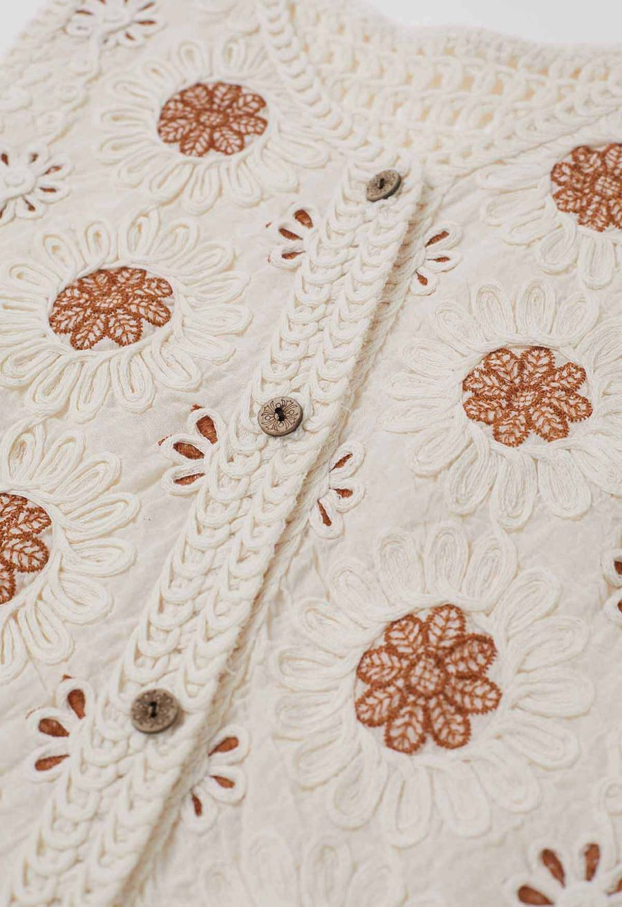 Floral Embroidered Button-Front Crochet Vest in Caramel