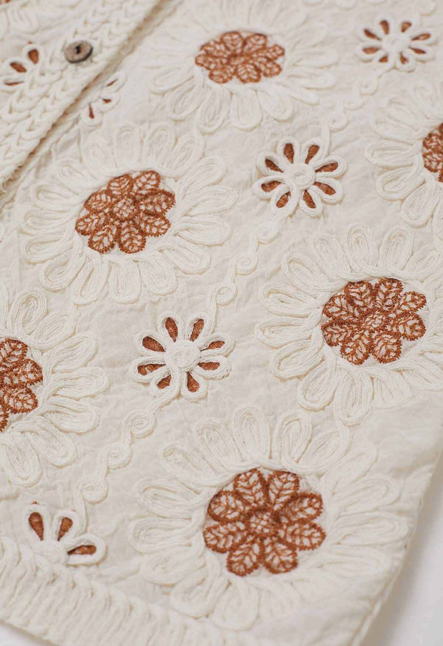 Floral Embroidered Button-Front Crochet Vest in Caramel