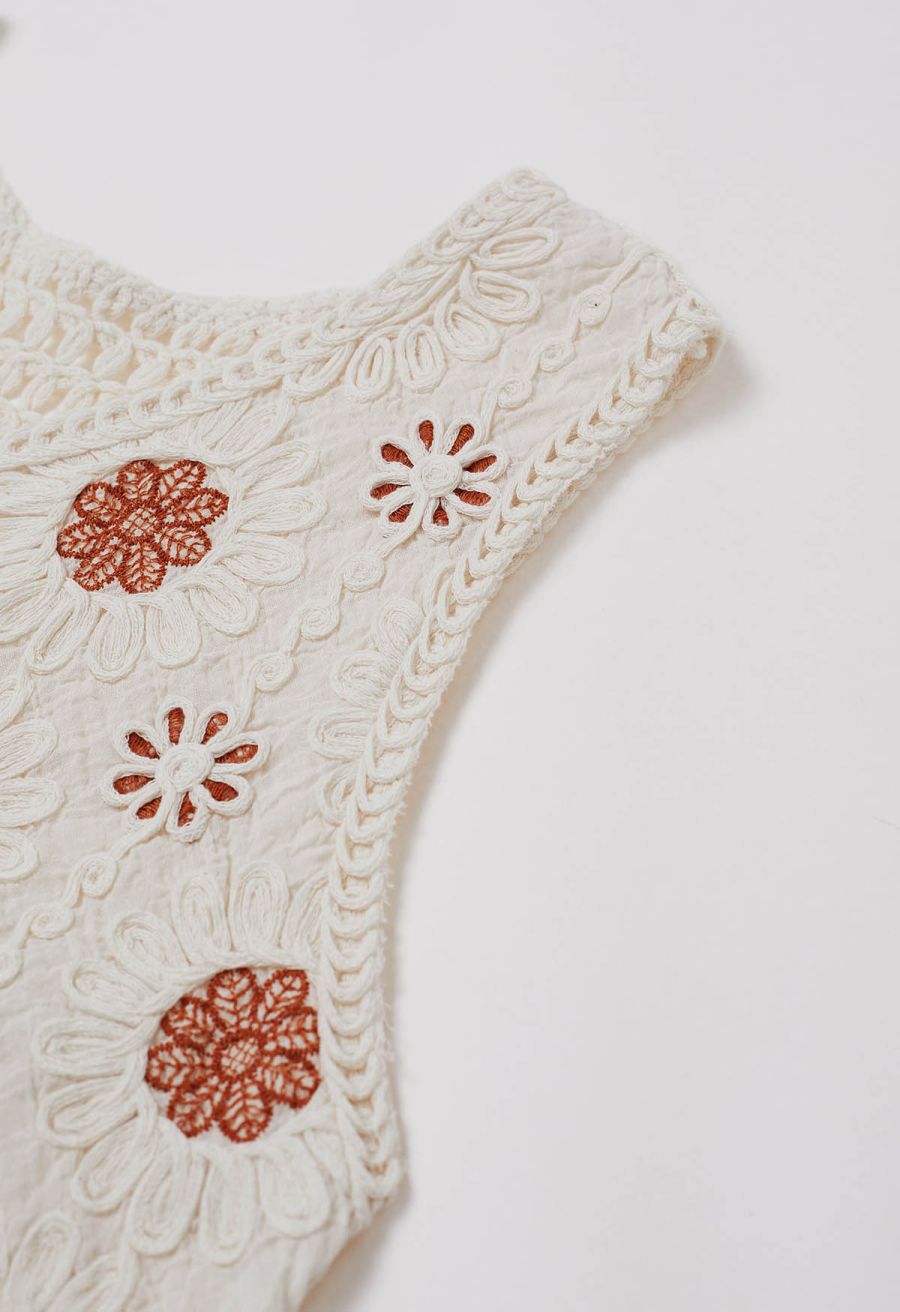 Floral Embroidered Button-Front Crochet Vest in Caramel