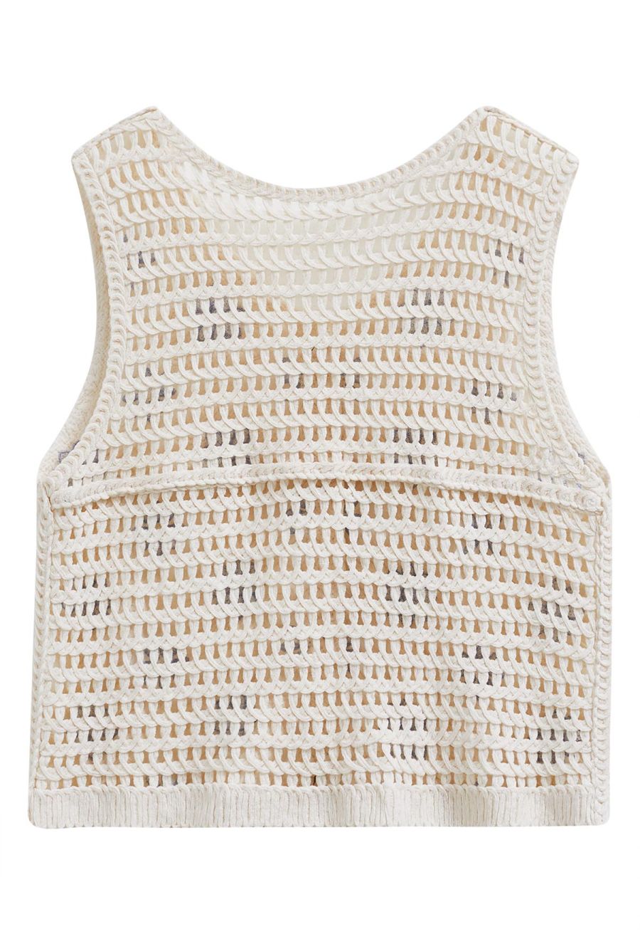 Floral Embroidered Button-Front Crochet Vest in Blue