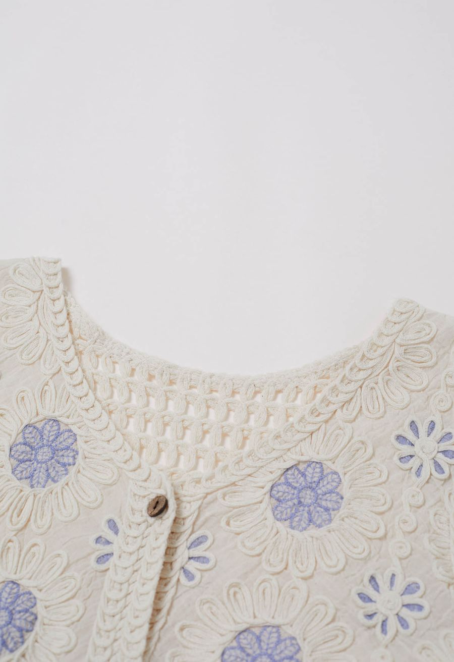 Floral Embroidered Button-Front Crochet Vest in Blue