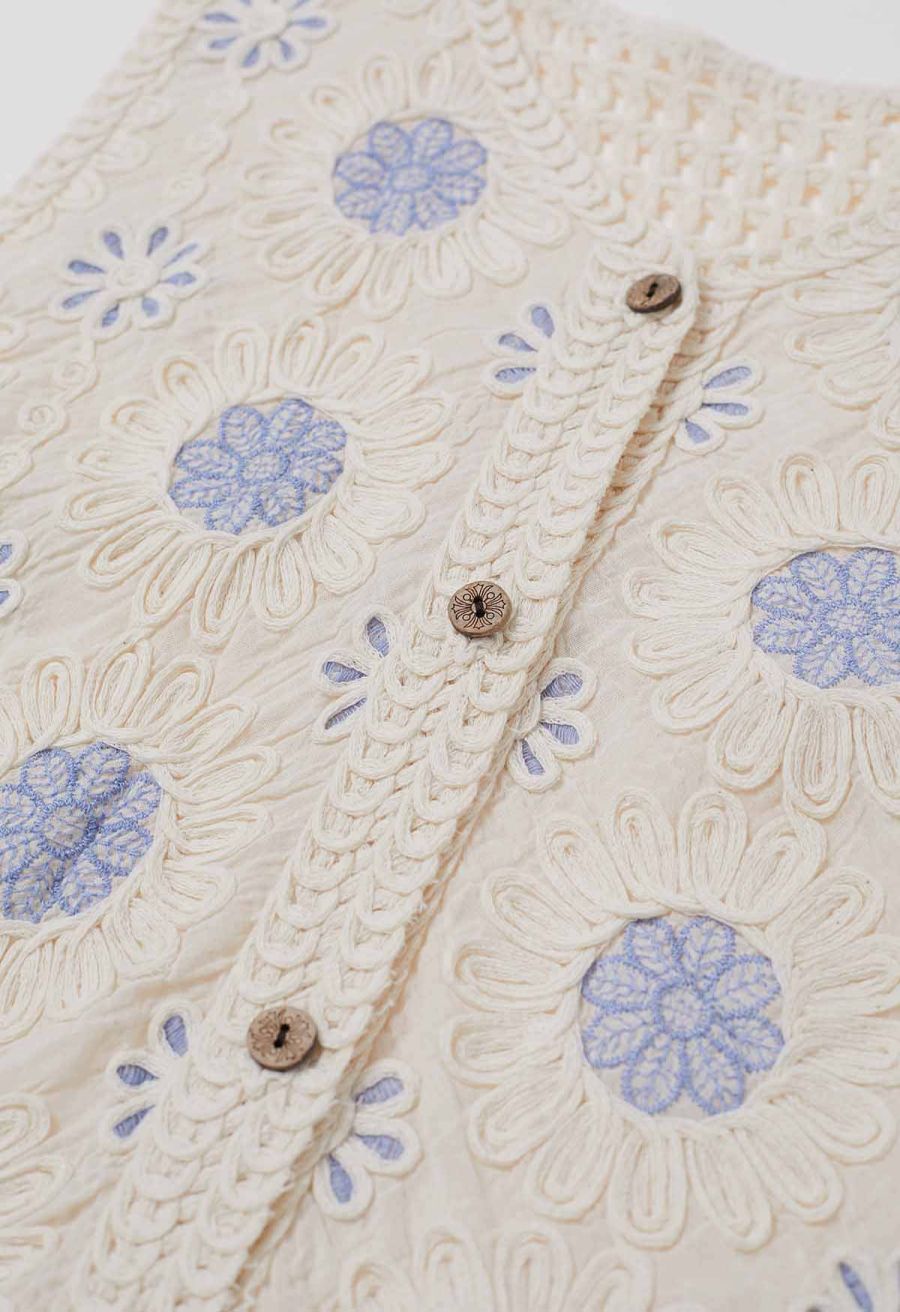 Floral Embroidered Button-Front Crochet Vest in Blue