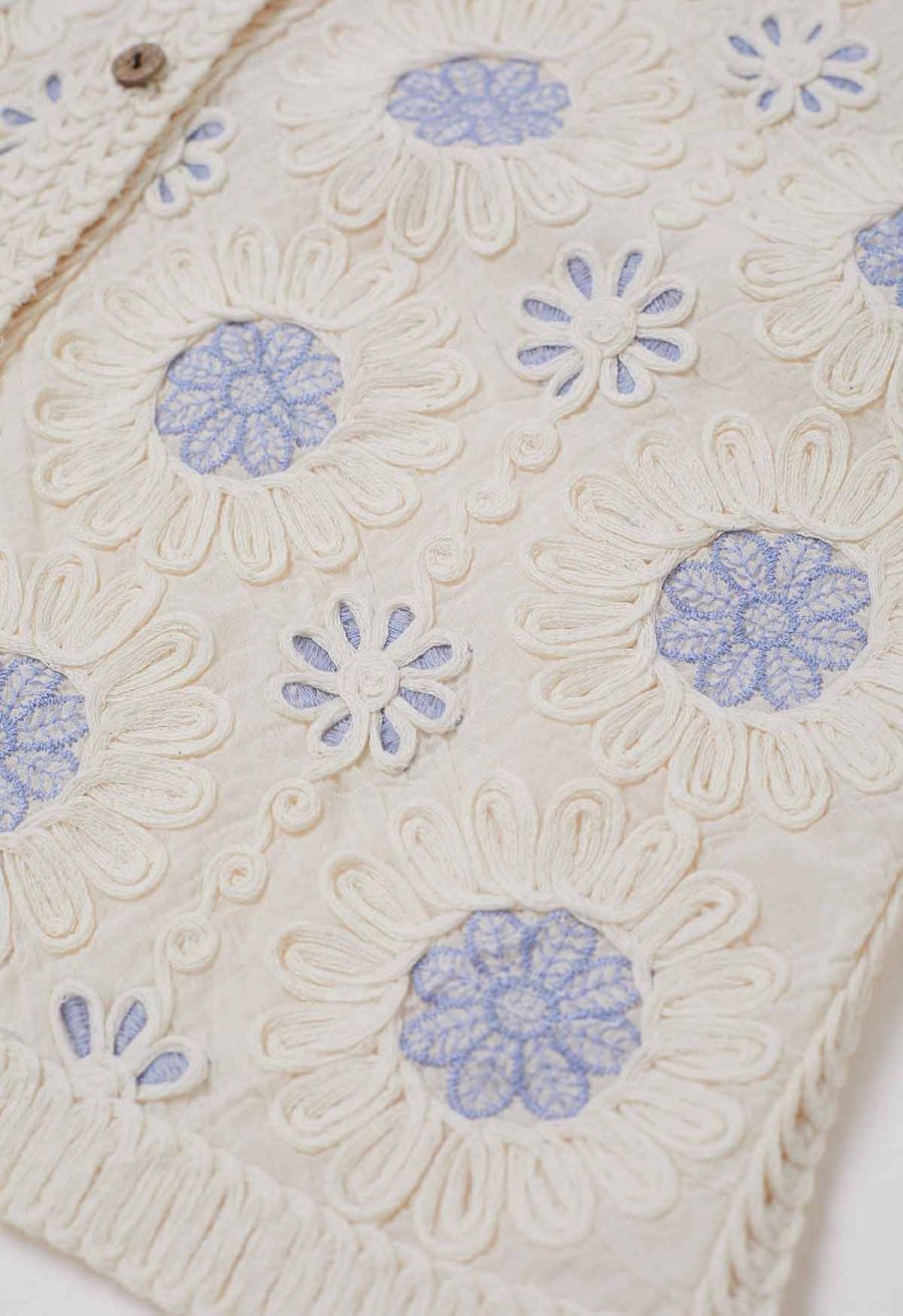 Floral Embroidered Button-Front Crochet Vest in Blue