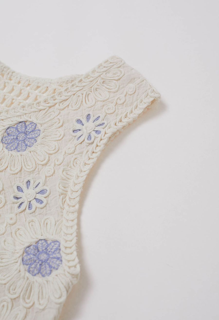 Floral Embroidered Button-Front Crochet Vest in Blue