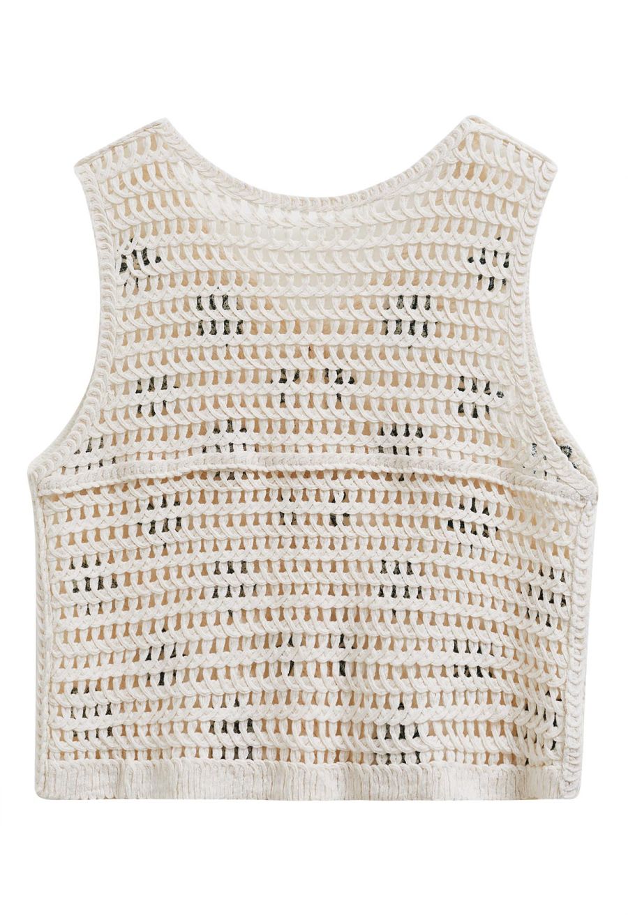 Floral Embroidered Button-Front Crochet Vest in Green