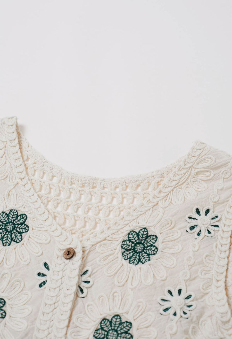 Floral Embroidered Button-Front Crochet Vest in Green