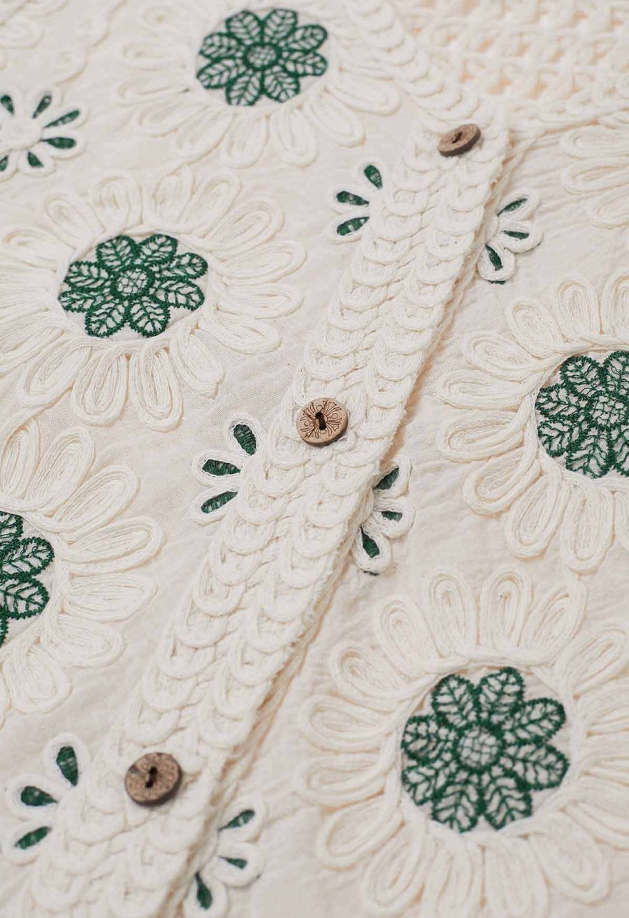 Floral Embroidered Button-Front Crochet Vest in Green