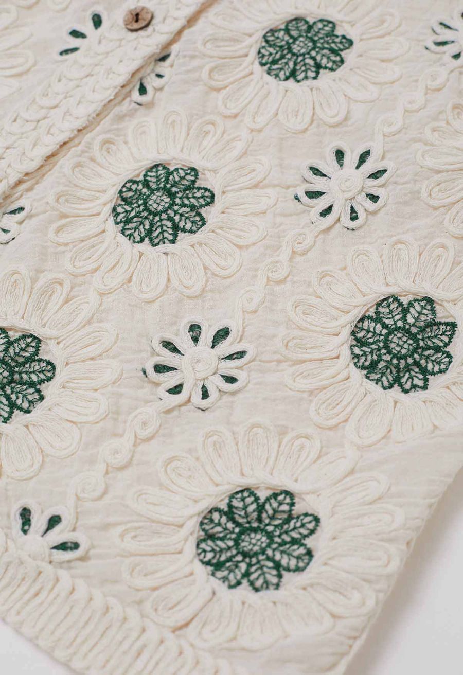 Floral Embroidered Button-Front Crochet Vest in Green