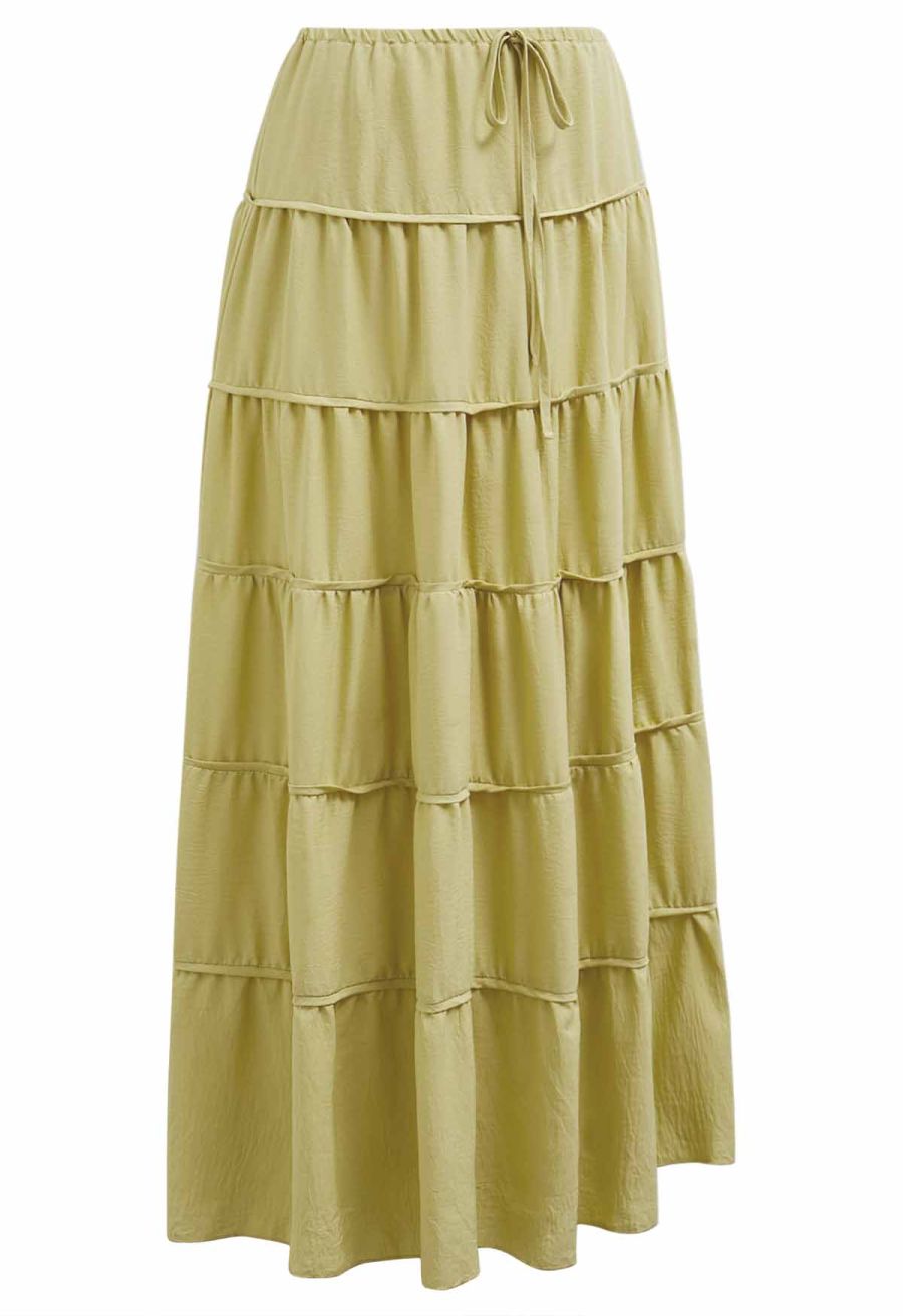 Relaxed Fit Tie-Waist Tiered Maxi Skirt in Lime