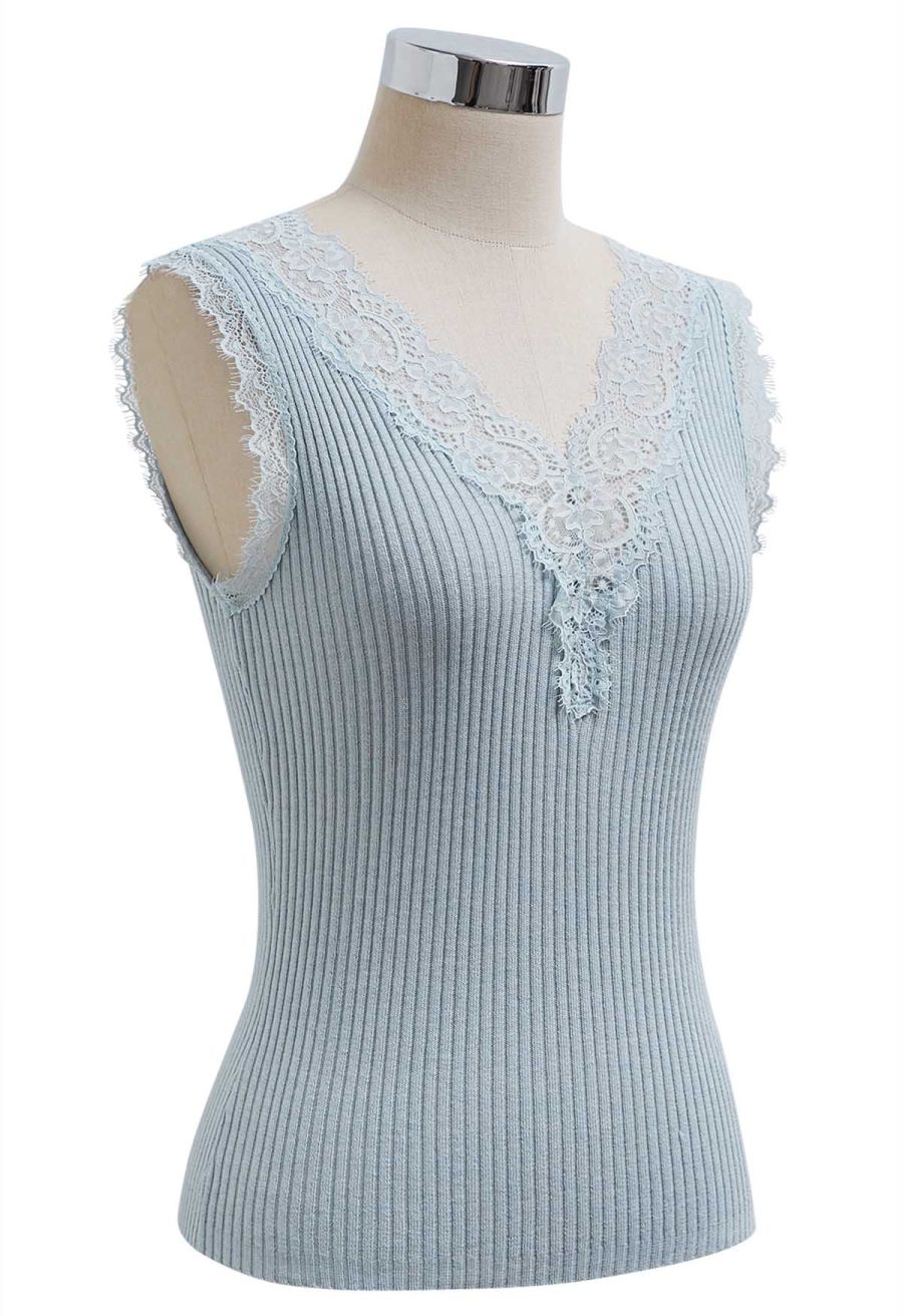 Lace Panel Rib Knit Tank Top in Blue
