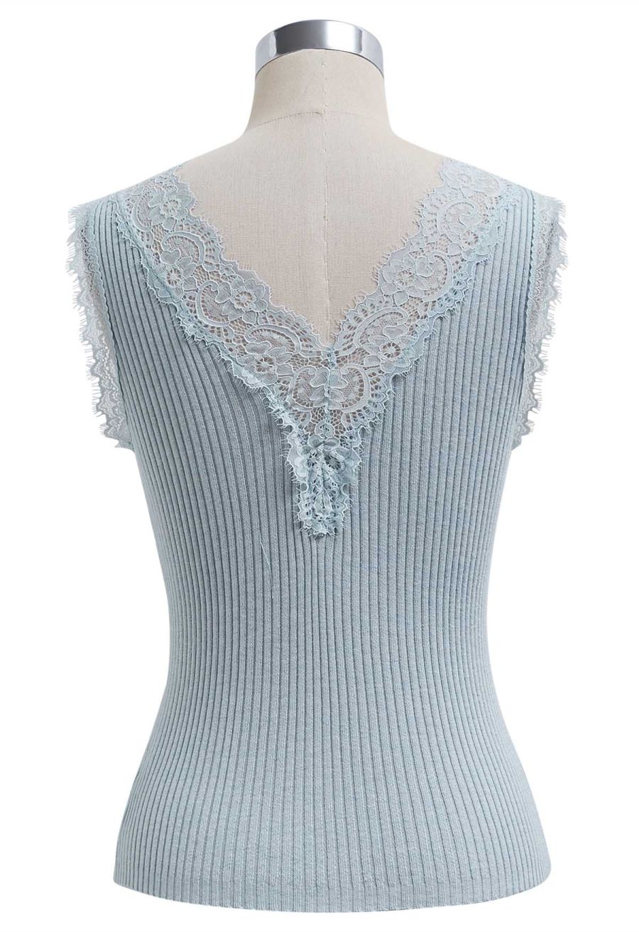 Lace Panel Rib Knit Tank Top in Blue