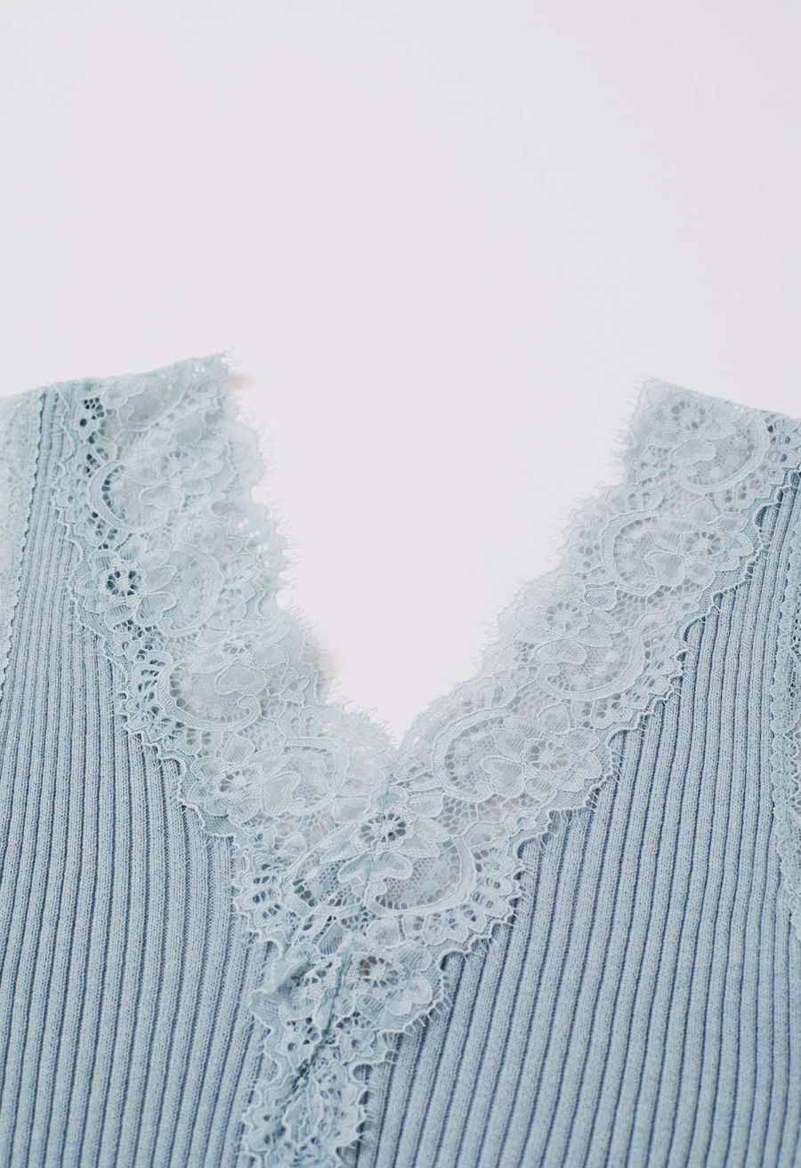Lace Panel Rib Knit Tank Top in Blue