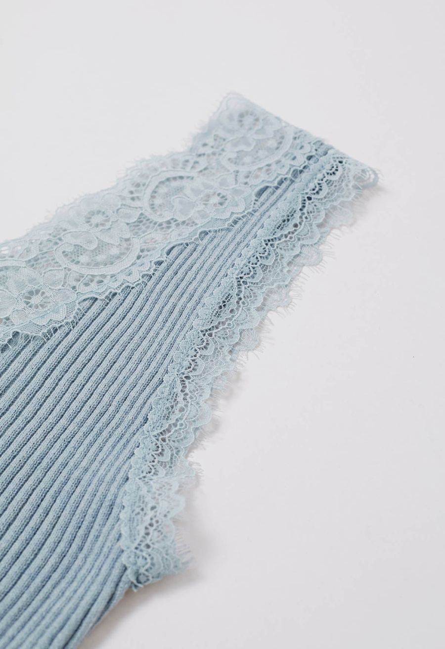 Lace Panel Rib Knit Tank Top in Blue