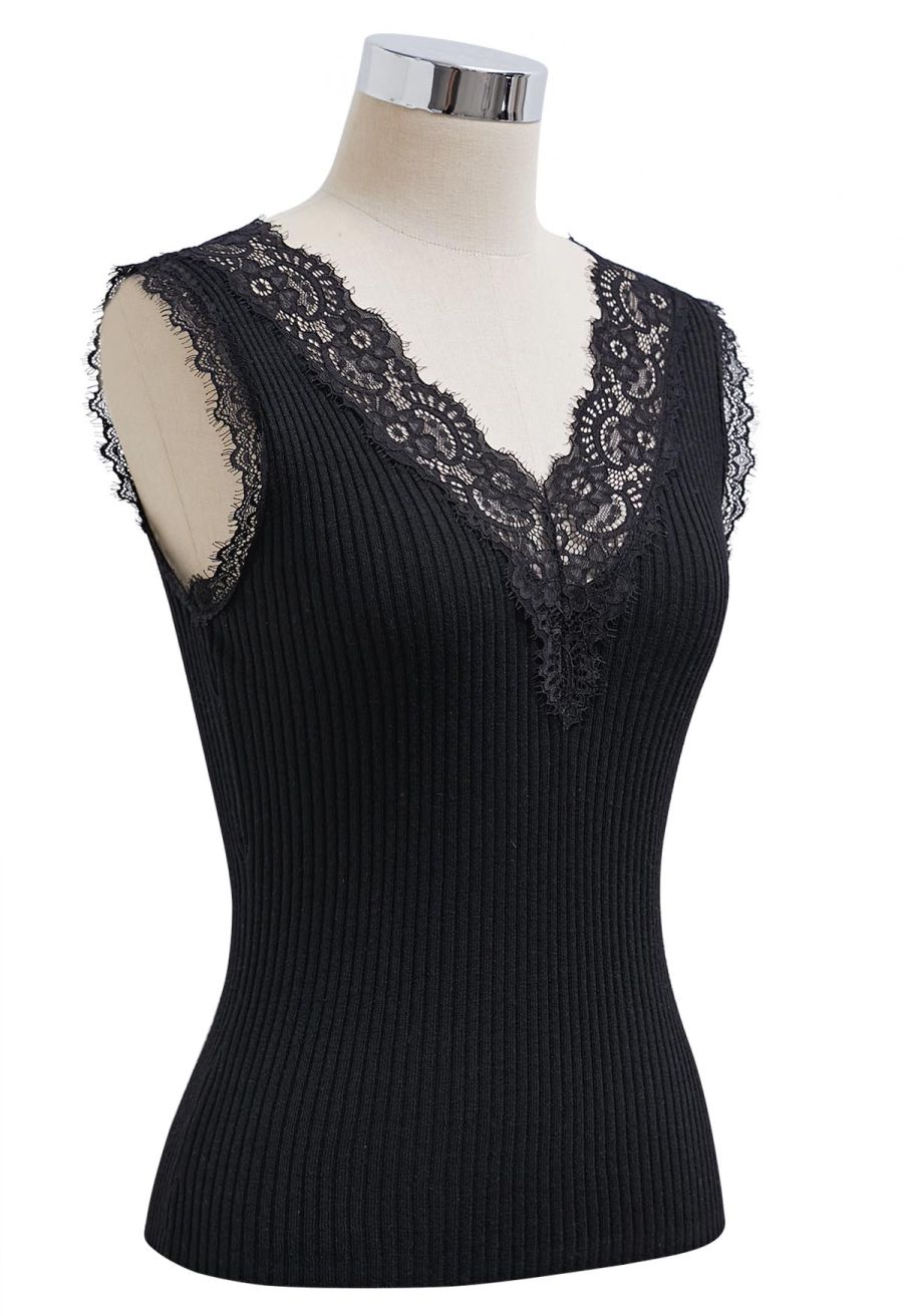 Lace Panel Rib Knit Tank Top in Black