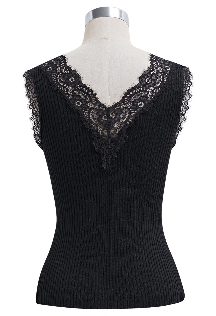 Lace Panel Rib Knit Tank Top in Black