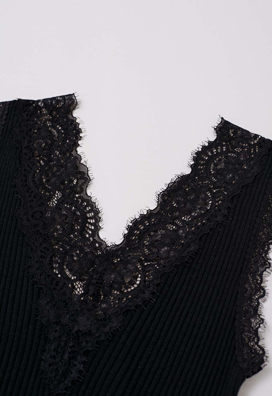 Lace Panel Rib Knit Tank Top in Black