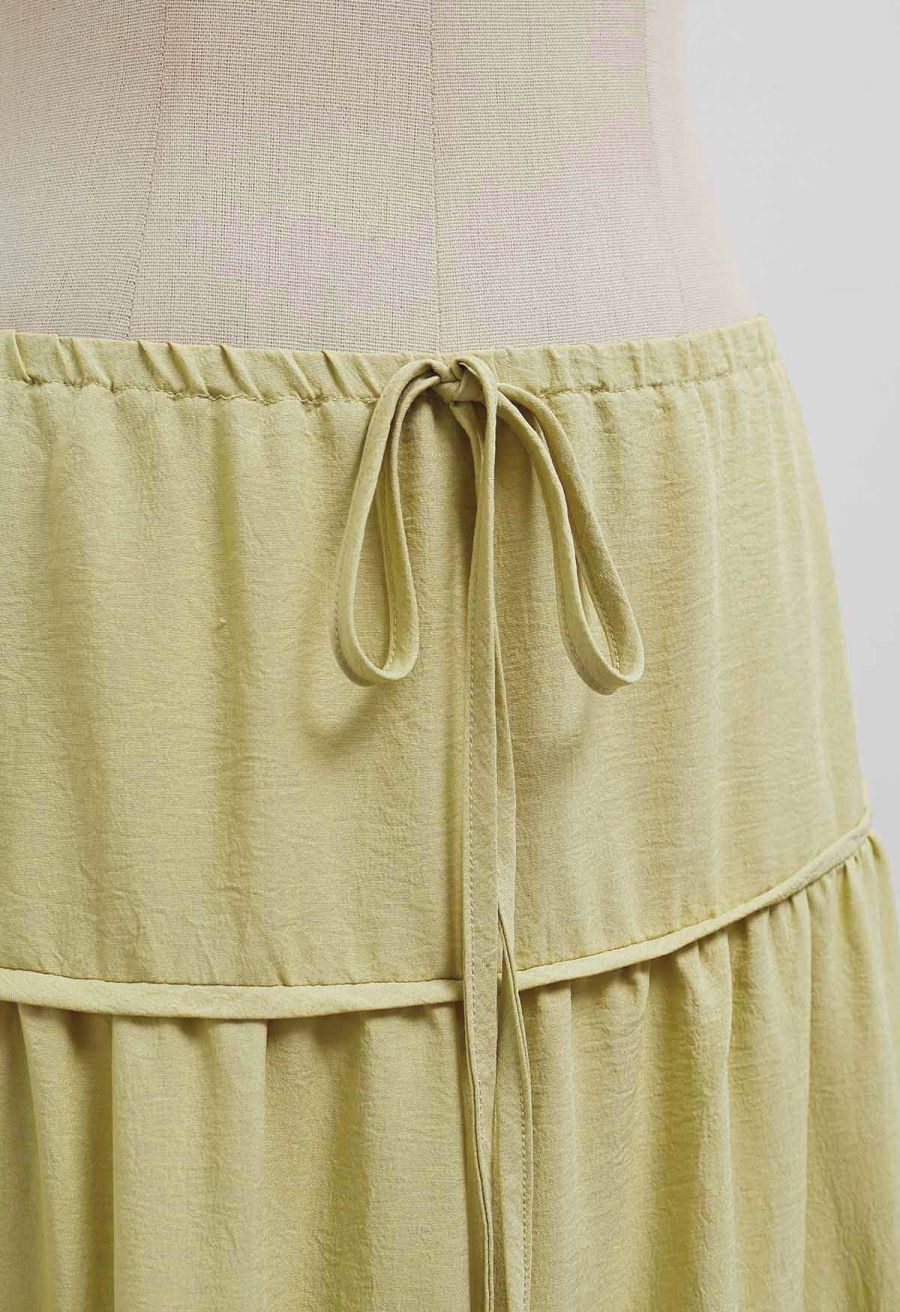 Relaxed Fit Tie-Waist Tiered Maxi Skirt in Lime