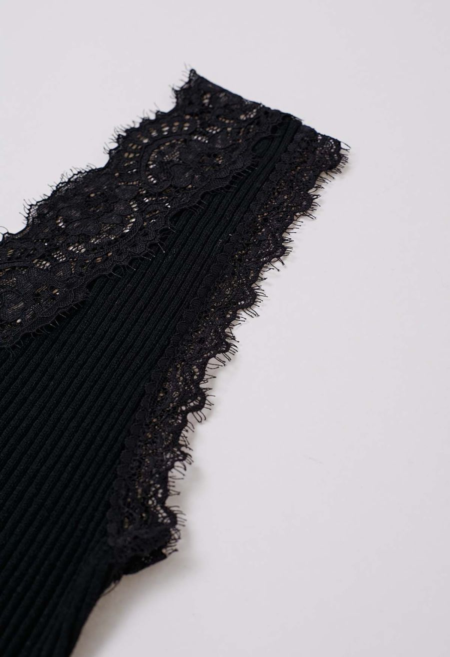 Lace Panel Rib Knit Tank Top in Black