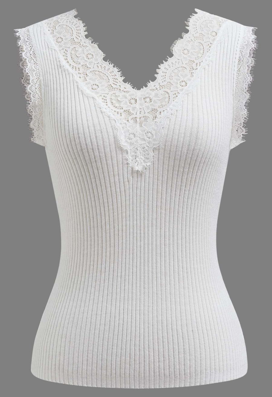 Lace Panel Rib Knit Tank Top in White