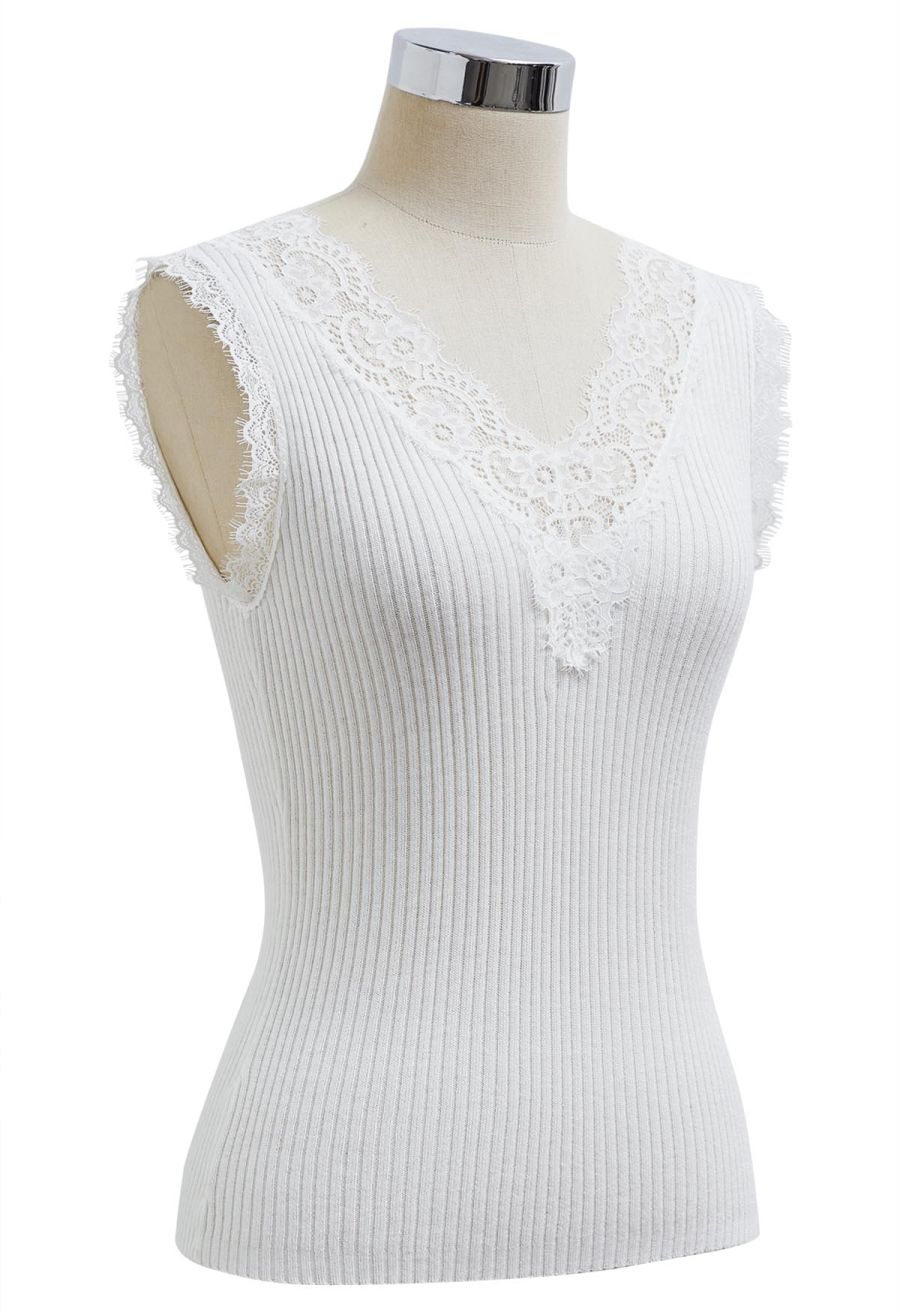 Lace Panel Rib Knit Tank Top in White