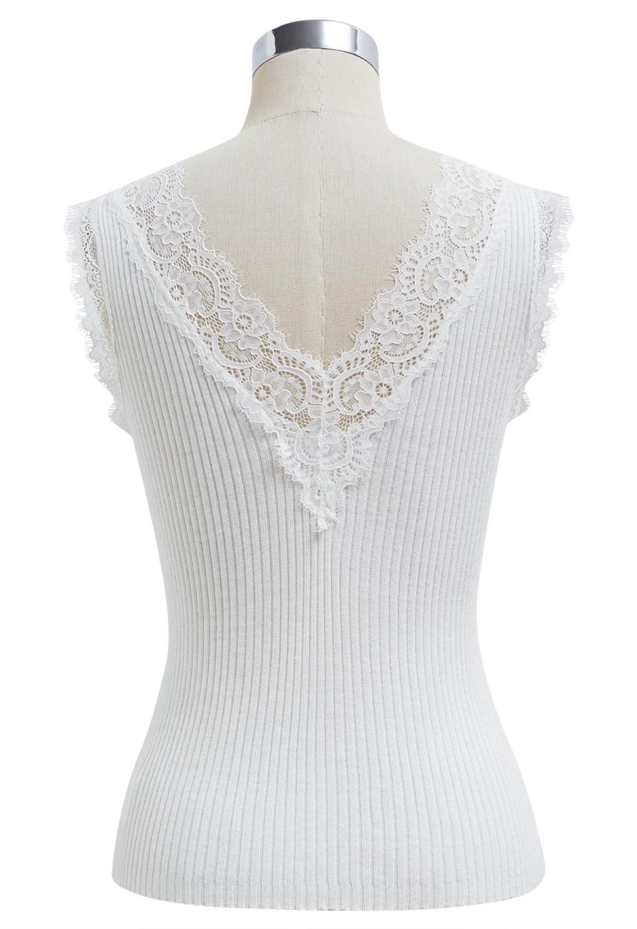 Lace Panel Rib Knit Tank Top in White