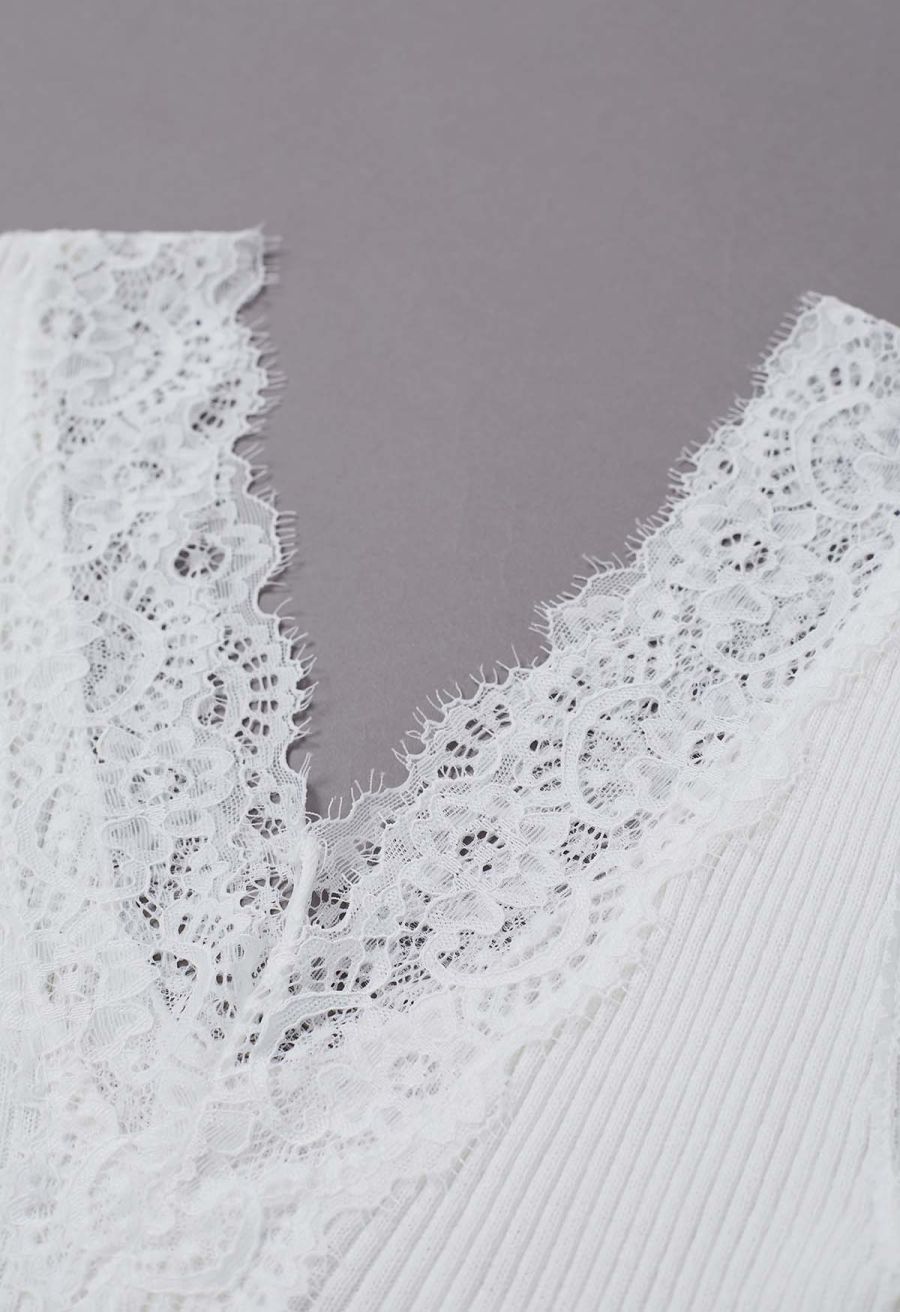 Lace Panel Rib Knit Tank Top in White