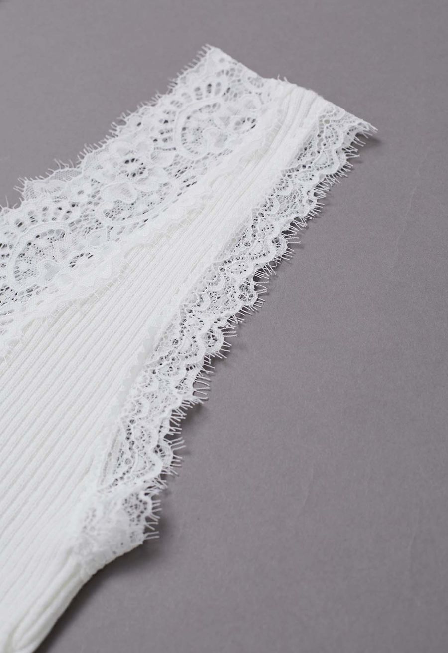Lace Panel Rib Knit Tank Top in White