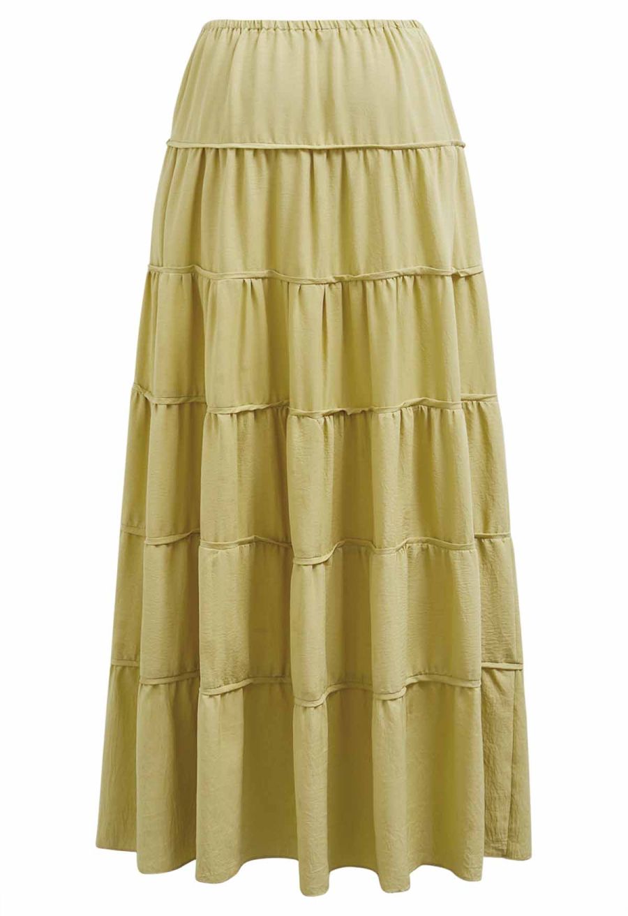 Relaxed Fit Tie-Waist Tiered Maxi Skirt in Lime