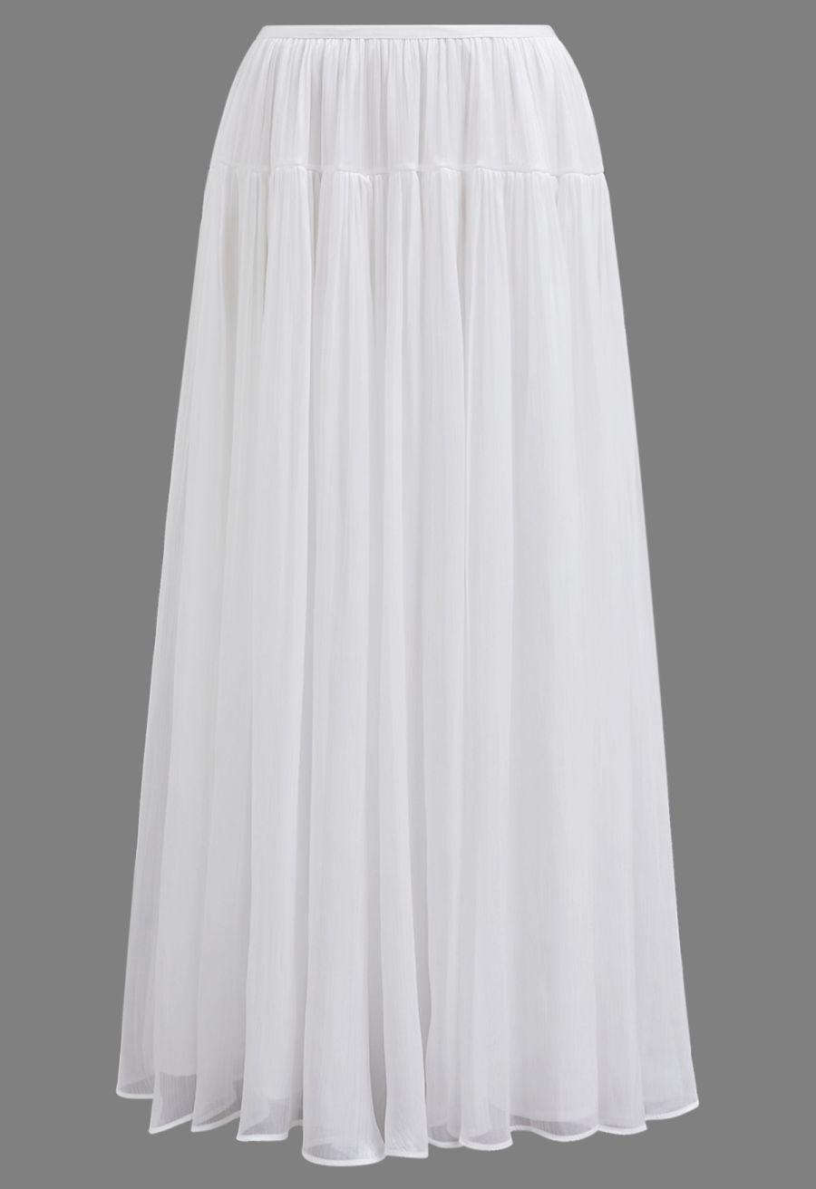 Glossy Finish Tiered Maxi Skirt in White