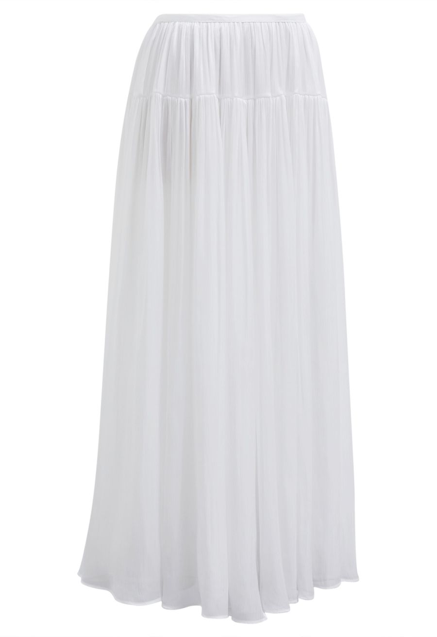 Glossy Finish Tiered Maxi Skirt in White