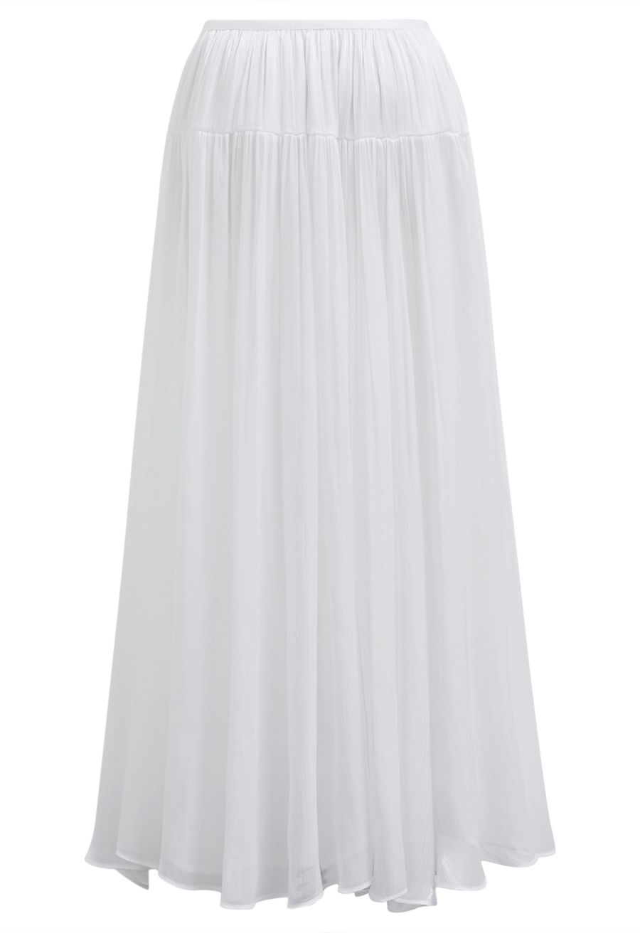 Glossy Finish Tiered Maxi Skirt in White
