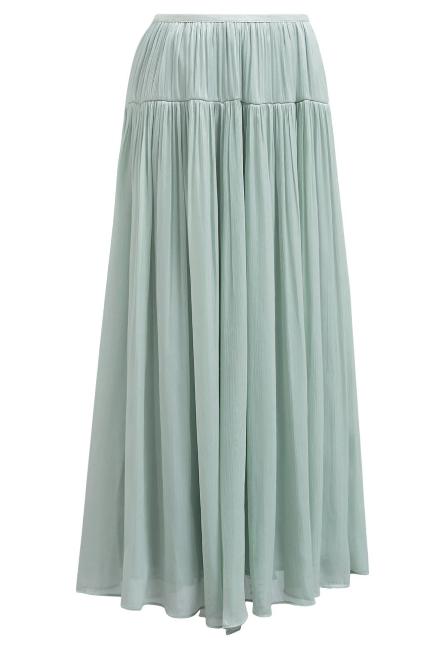 Glossy Finish Tiered Maxi Skirt in Mint