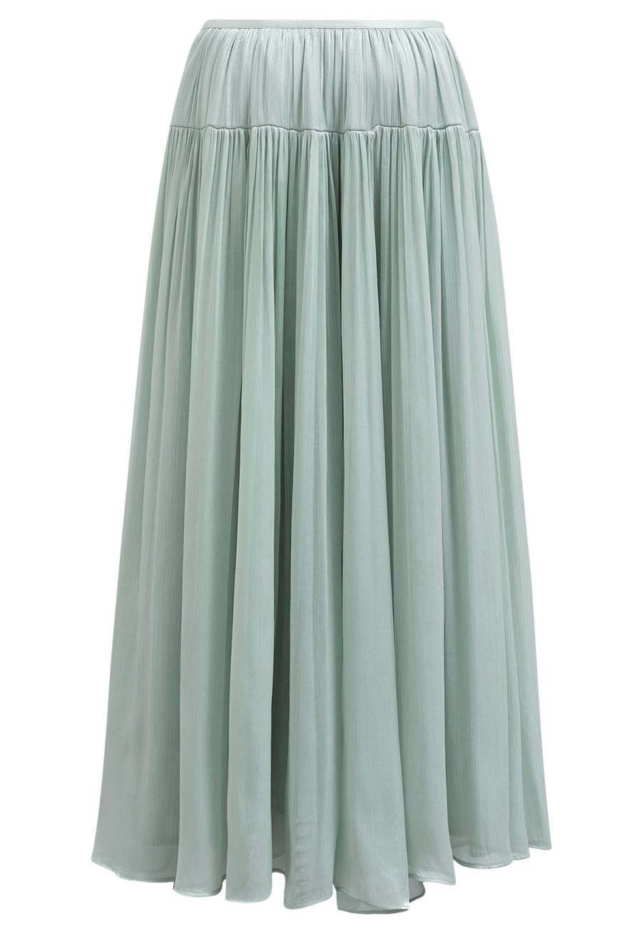 Glossy Finish Tiered Maxi Skirt in Mint