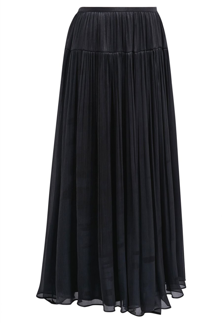 Glossy Finish Tiered Maxi Skirt in Black