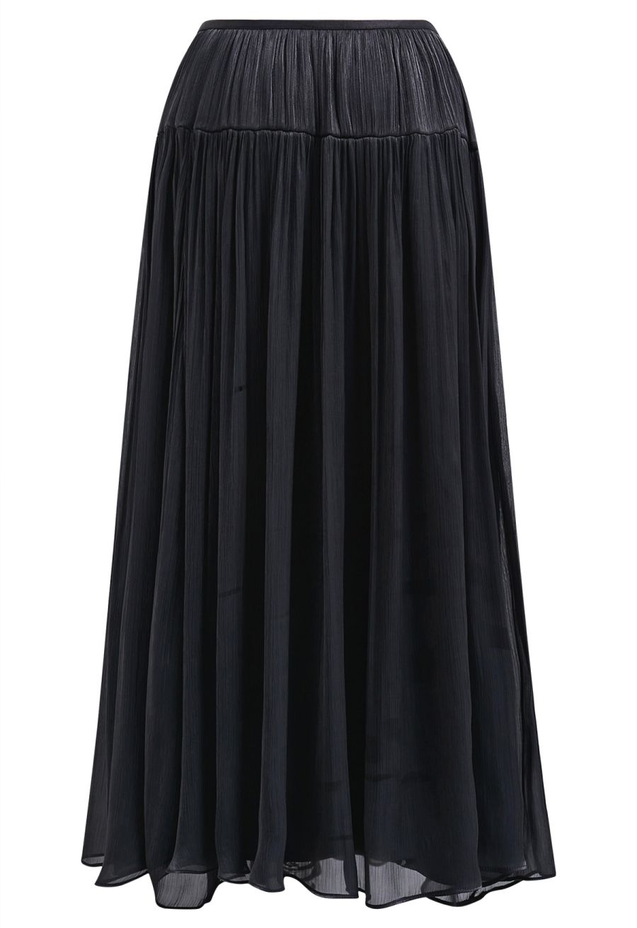 Glossy Finish Tiered Maxi Skirt in Black