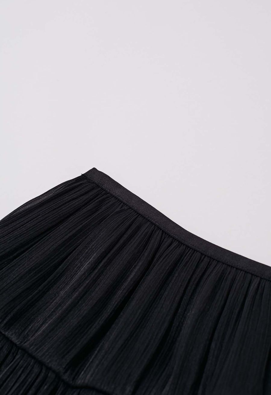 Glossy Finish Tiered Maxi Skirt in Black