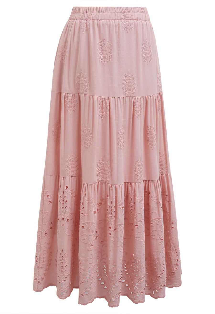 Floral Vine Embroidered Tiered Cotton Skirt in Pink