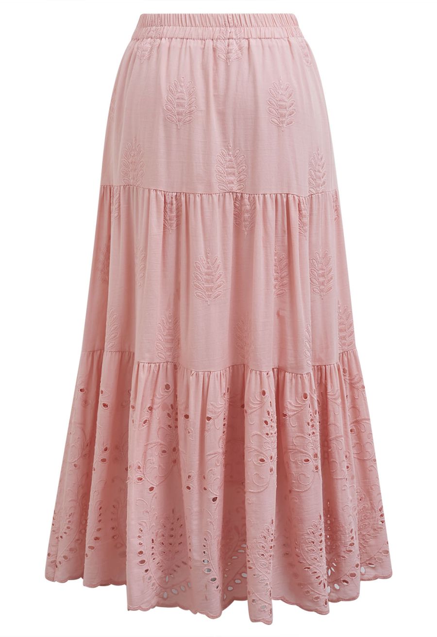 Floral Vine Embroidered Tiered Cotton Skirt in Pink