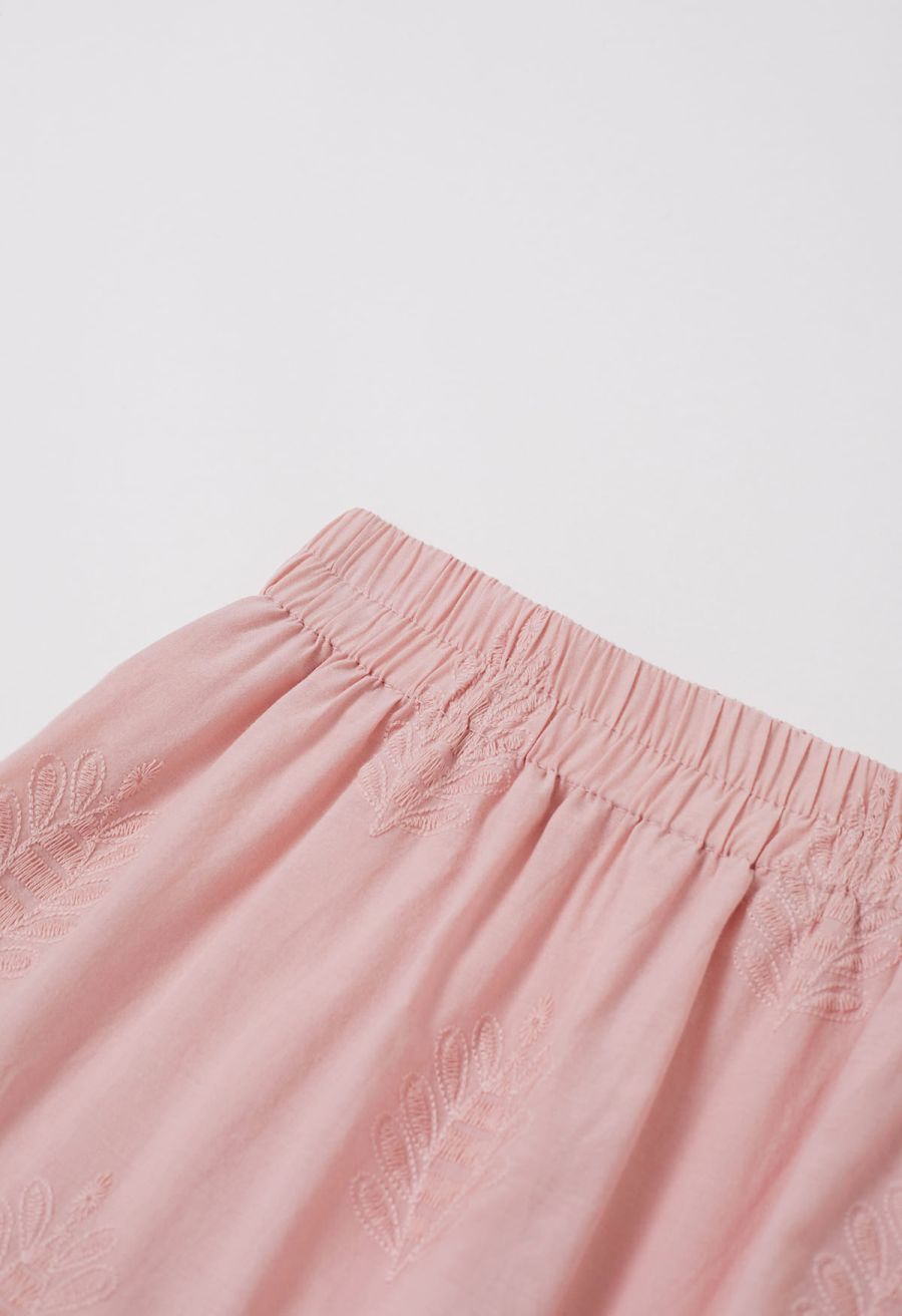 Floral Vine Embroidered Tiered Cotton Skirt in Pink