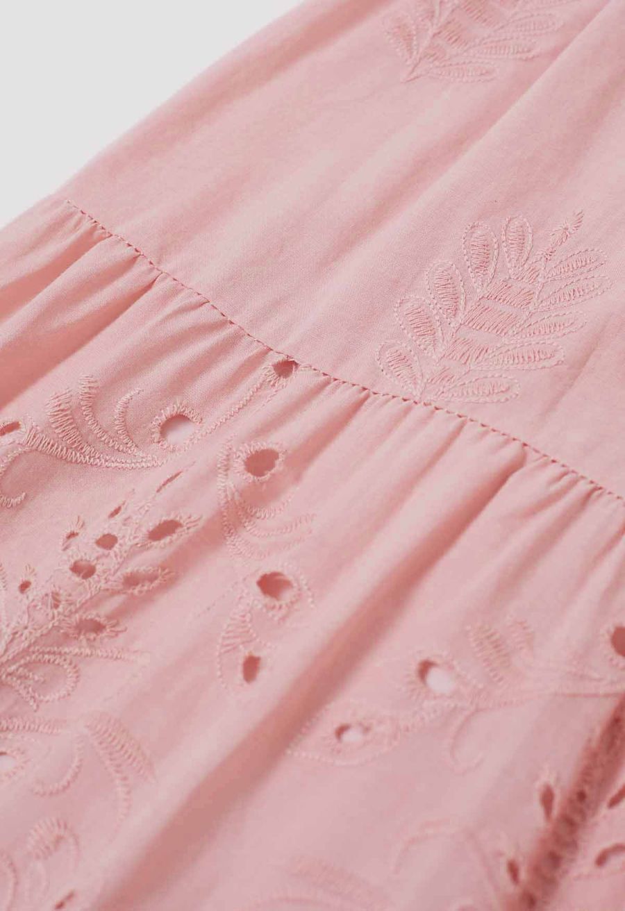 Floral Vine Embroidered Tiered Cotton Skirt in Pink