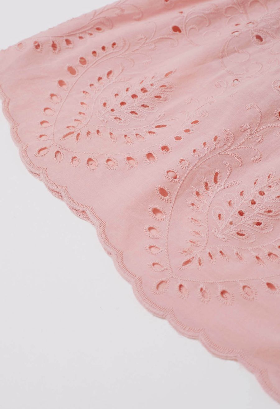 Floral Vine Embroidered Tiered Cotton Skirt in Pink