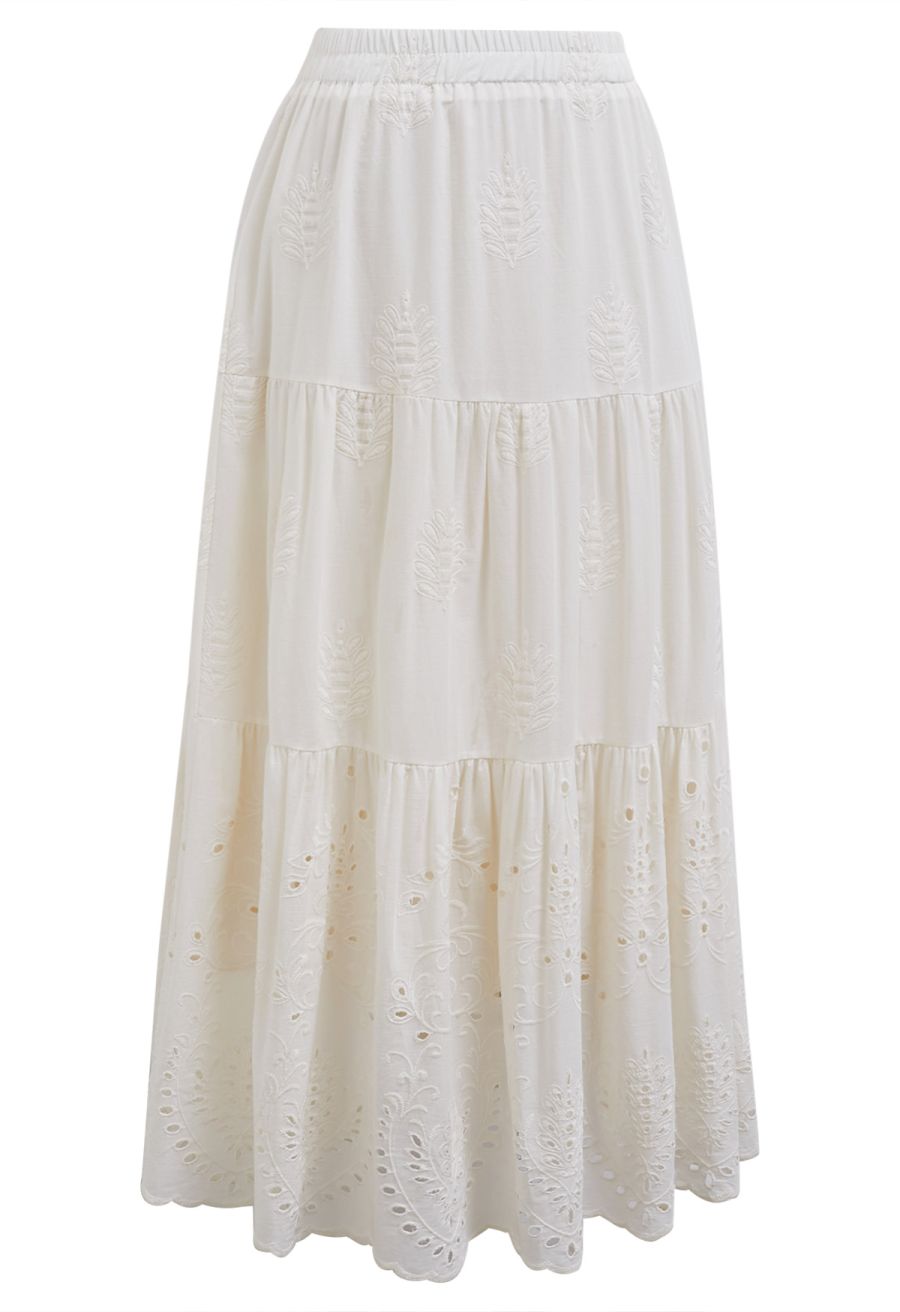 Floral Vine Embroidered Tiered Cotton Skirt in Ivory