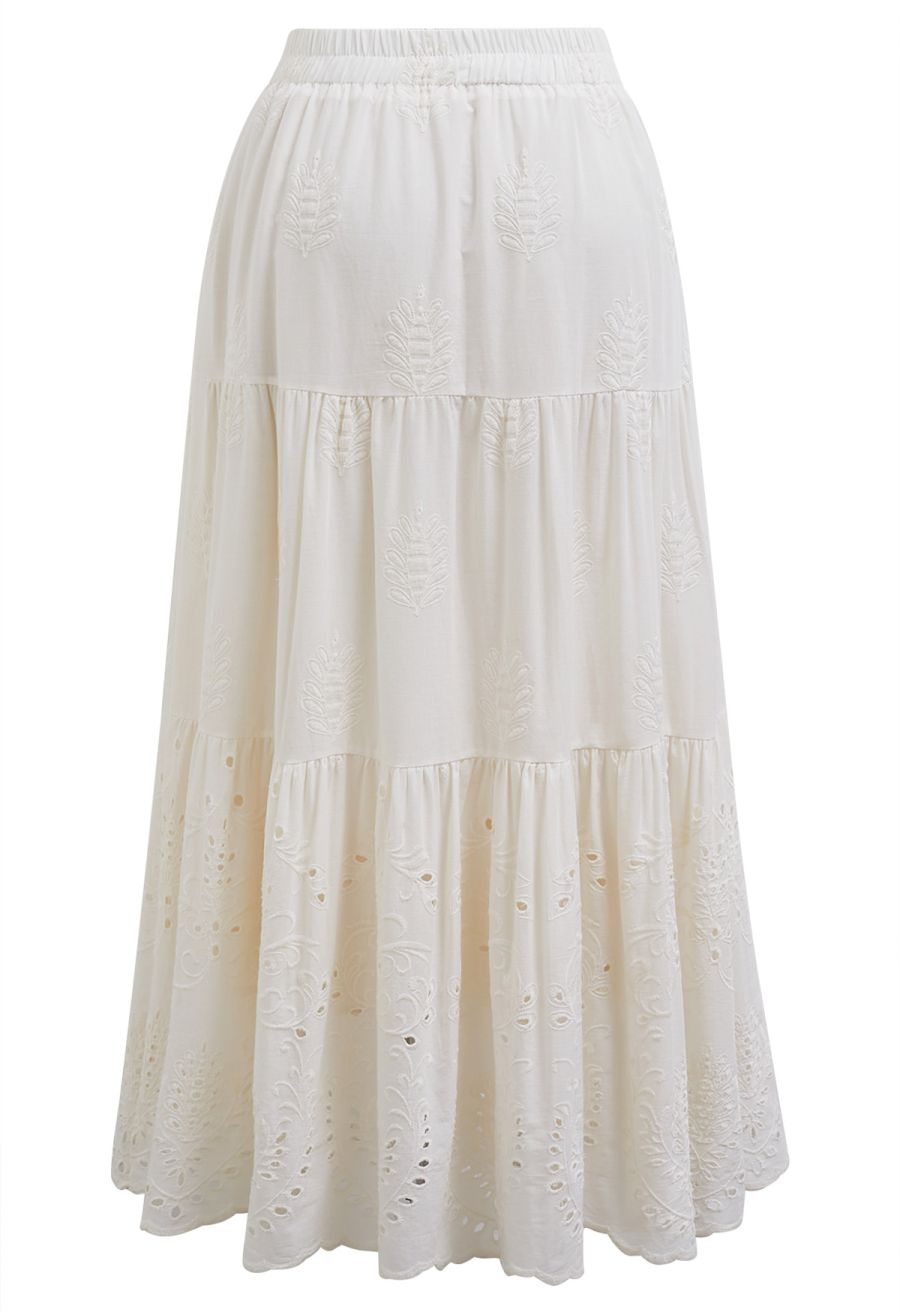 Floral Vine Embroidered Tiered Cotton Skirt in Ivory