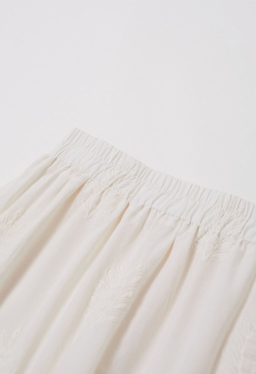 Floral Vine Embroidered Tiered Cotton Skirt in Ivory
