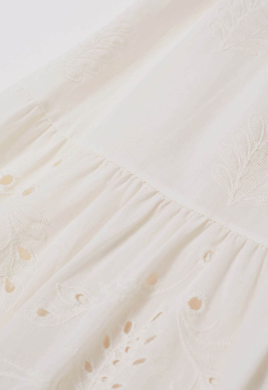Floral Vine Embroidered Tiered Cotton Skirt in Ivory
